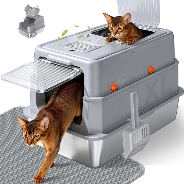 Enclosed Stainless Steel Litter Box, XL Covered Metalpan Includes Mat Scoop | Easy Cleaning Anti-Urine Leakage Non-Sticky Front Entry Top Exit1