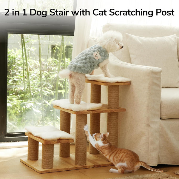 FUKUMARU Dog Stairs, Solid Wood Pet Stairs with Cat Scratching Post | Transformable Cat Step Hold up to 200 Lbs, 20" Pet Ramp for Dogs and Cats to Climb High Bed and Couch, over 6 Combinations2