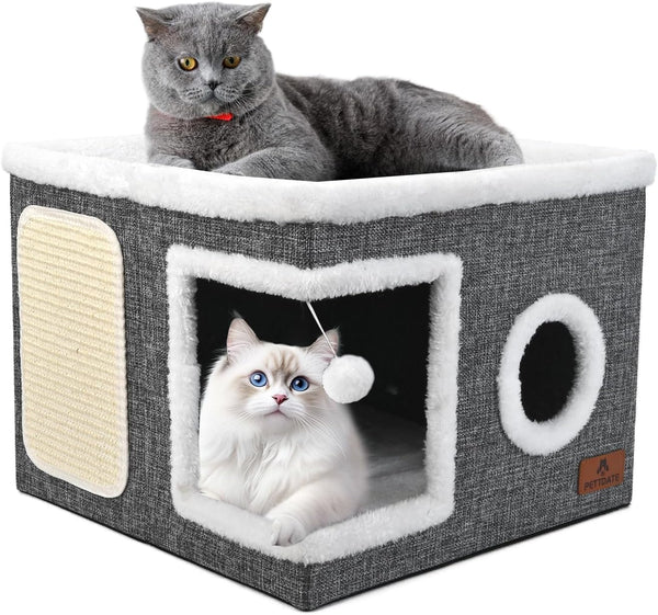 Cat Beds for Indoor Cats, Large Cat Cave Bed with Scratch Pad and Fluffy Ball, Foldable Cat Hideaway, Cat House with Reversible Cushion for Multi Small Pet up to 30LBS, Grey1