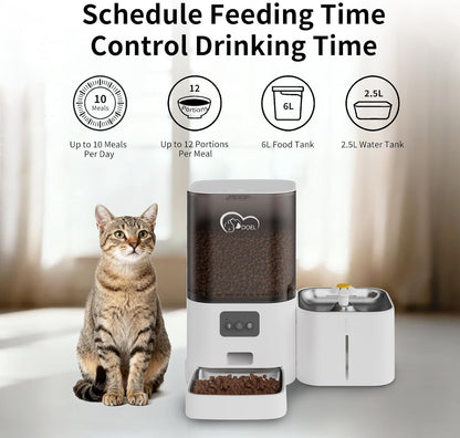 DOEL 5G&2.4G Wifi Automatic Cat Feeder and Water Fountain, 6L/24 Cups Timed Dry Food Dispenser for 2.5 Weeks, with APP Remote Control, Voice, for Small Medium Dog Puppy Kitten (White)3