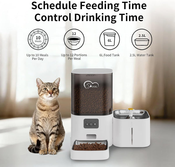 DOEL 5G&2.4G Wifi Automatic Cat Feeder and Water Fountain, 6L/24 Cups Timed Dry Food Dispenser for 2.5 Weeks, with APP Remote Control, Voice, for Small Medium Dog Puppy Kitten (White)3