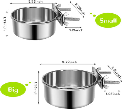 2 Pcs Small Pet Dog Food Water Bowl for Cage Stainless Steel Non-Spill Kennel Hanging Cats Pets Bowls with Clamp Holder Crate Feeder Dish for Small Dogs Pets (4.7X1.9'' & 3.9X1.7'')2