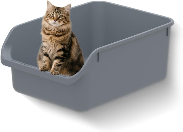 Large Cat Litter Box with High Sides,Durable Open Top Cat Litter Pan for Kitty,Plastic Indoor Big Cat Box with High Wall,Senior Cat Toilet with Low Entry,Easy to Clean,Anti-Splashing(Grey)1