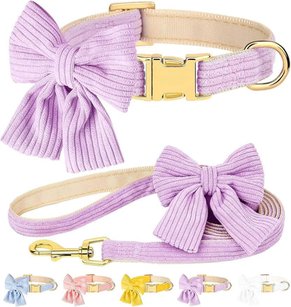 Dog Collar and Leash Set with Bowtie, Soft & Cute Puppy Collar, Cotton Puppy Collar with Adjustable Metal Buckle for Small, Medium Dog (Pink, Size S: Neck 10"-16")10