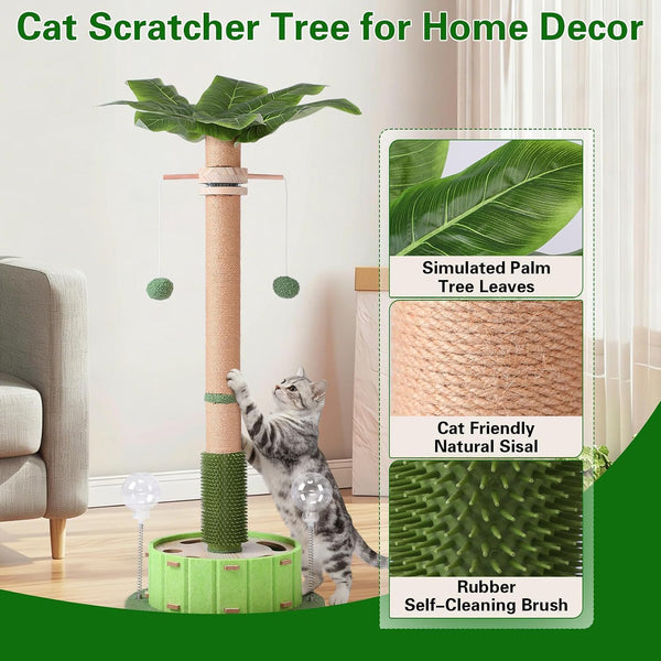 Plam Tree Cat Scratching Post 40" Tall with Cat Toys for Indoor Large Cats | Sturdy Base Cat Scratcher Posts for Adult Cats with Rotating Hanging Ball, Cat Puzzle Toy and Spring Cat Treat Dispenser6