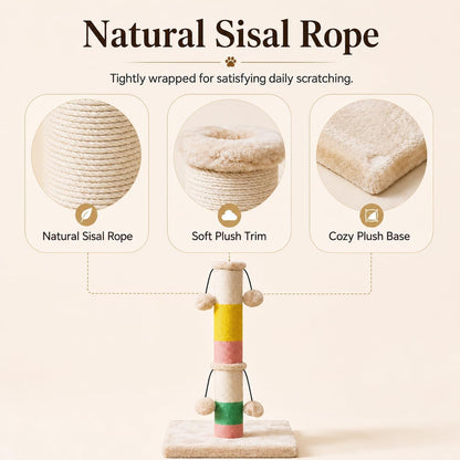 30 Inch High Cat Scratching Post with 4 Plush Teasing Toy Balls, Natural Sisal Rope Post and Thickened Base, Red Green Yellow White4