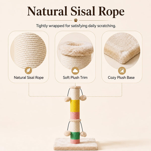 30 Inch High Cat Scratching Post with 4 Plush Teasing Toy Balls, Natural Sisal Rope Post and Thickened Base, Red Green Yellow White4