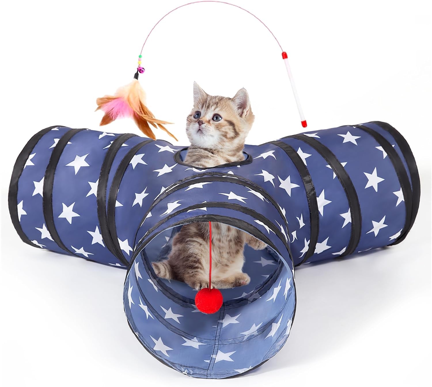 tempcore-pet-cat-tunnel-tube-toys-3-way-collapsible-tunnels-for-indoor-cats-interactive-tube-with-teaser-wand-peek-holes-hanging-ball-black-blue