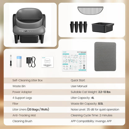 Invengo Automatic Self-Cleaning Cat Litter Box, Open Top Design with Safety Sensors and Anti-Pinch Protection, Smart Automatic Litter Box for Small & Medium Cats and Multi-Cat Homes, Charcoal Grey9