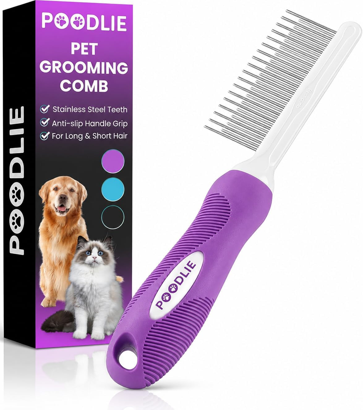poodle-dematting-fur-rake-comb-brush-for-dogs-and-cats-long-2-5-steel-safety-blades-metal-comb-for-detangling-matted-or-knotted-undercoat-hair