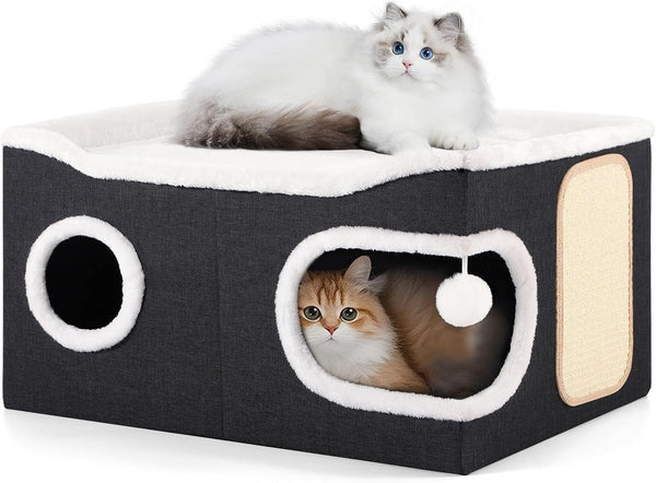 Shikha Cat House Bed for Indoor Cats with Fluffy Ball and Scratch Pad Grey | Foldable Large Cat Cave Hideaway with Cozy Condo, Hide and Seek Window, Holds up to 30LBS, All Season Reversible Cushion12