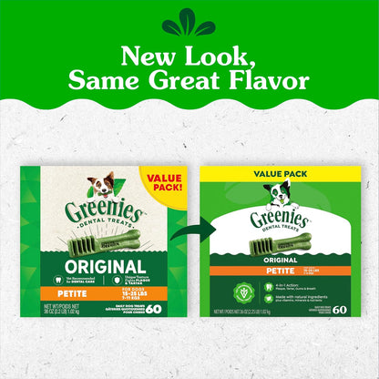 Greenies Petite Natural Dental Dog Treats, Original Flavor, 60 Count | Original Flavor, 47% Less Tartar, Freshens Breath, Natural Ingredients, Vitamins & Minerals, for Dogs 15-25 Lbs, 36 Oz. Pack2