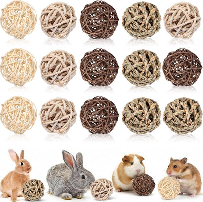 Skylety 15 Pieces Bunny Chew Balls for Rabbits, Small Animal Rolling Grass Toys and Treats for Guinea Pigs, Chinchillas, Hamsters, Mice, Teeth Grinding, Gnawing and Play(Classic Style,1.97")1