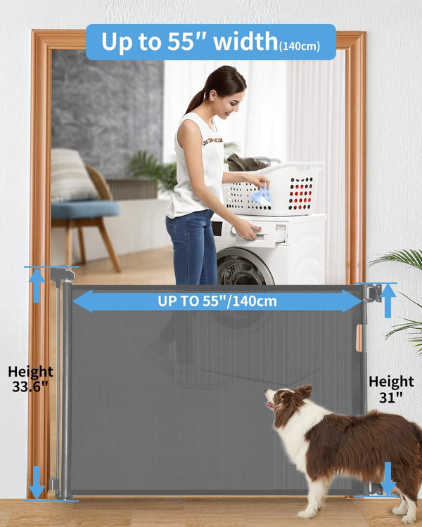Retractable Baby Gate for Stairs – 33” Height, Expands up to 55” Width – Safety Gate for Infants, Toddlers, Dogs & Pets – Easy Install, Secure Closure, Gray Mesh Design for Indoor & Outdoor Use2