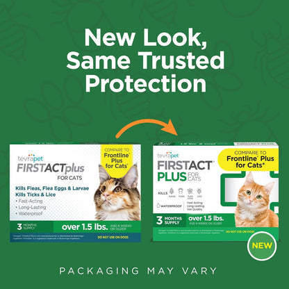 Tevrapet Firstact plus Flea and Tick Topical for Cats over 1.5Lbs, 3 Dose Waterproof Flea and Tick Control/Prevention for 3 Months2