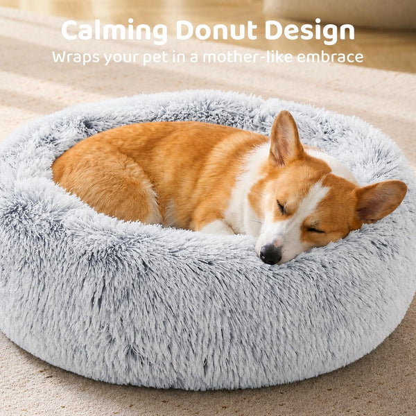 JOLLYVOGUE Small Dog Bed, Calming Soft Anti-Anxiety Donut Cat Bed, Washable round Fluffy Cushion for Small and Medium Pets (20")2
