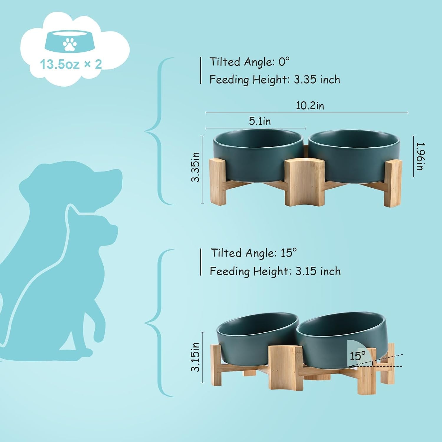 spunkyjunky-15-slanted-ceramic-dog-and-cat-bowl-with-wooden-stand-tilted-bulldog-food-and-water-bowl-no-slip-non-spill-for-cats-medium-dogs-big-face-pets-13-5-oz-1-7-cups-green-2