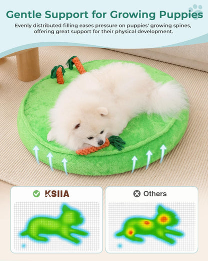 KSIIA Puppy Bed for Small Dogs, 28 Inch Washable Calming Plush round Dog Bed with Carrot Chew Toy, Orthopedic Support, Anti-Anxiety & Non-Slip Base for Puppies & Cats, Green5