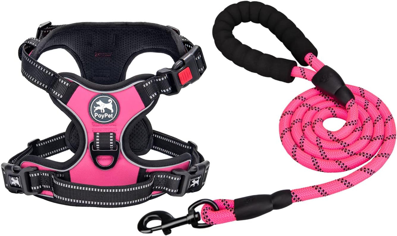 poypet-no-pull-dog-harness-and-5-feet-leash-set-release-on-neck-reflective-adjustable-pet-vest-front-back-2-d-ring-and-soft-padded-pet-harness-with-handle-for-small-to-large-dogsgrey-l