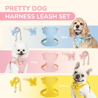 Small Dog Collar Harness and Leash Set, Dog Harness No Pull with Bowtie, Breathable Cotton Adjustable Pet Puppy Harness, Easy Walk Dog Harness, S(14–18.9")7