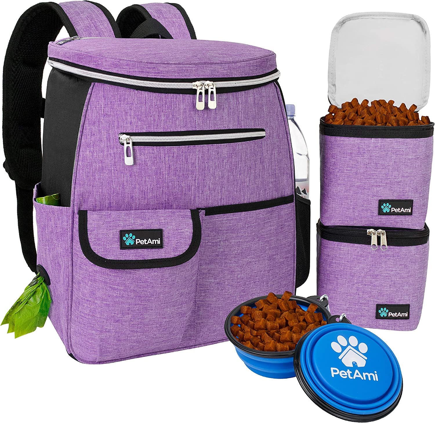 petami-dog-travel-bag-backpack-27l-airline-approved-pet-supplies-organizer-with-2-food-containers-2-collapsible-bowls-poop-bag-dispenser-weekend-road-trip-camping-dog-mom-gift-purple