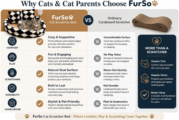 Furso Cat Bed Scratcher Lounge for Indoor Cats – Sisal Scratch Pad with Spring Treat Ball, Plush Pillow & Play Toy | Diamond Design | Protects Furniture9