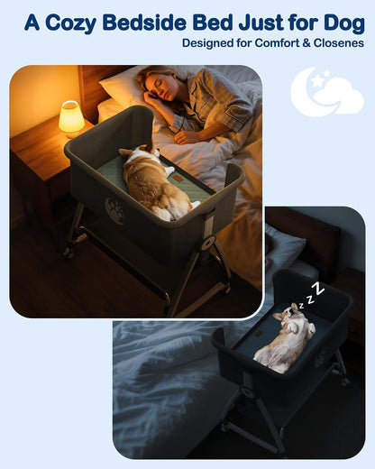 Bedside Dog Bed,6-Height Adjustable Pet Bassinet for Medium & Large Dogs | Pet Couch with Sides,Elevated Bed Extension for Humans,Removable & Washable Cover,Dog Couch with Wheels, 30"X21"2