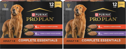 Purina Pro Plan Wet Dog Food Grain Free Complete Essentials Variety Pack, Chicken and Carrots and Turkey and Sweet Potato Entrees - (Pack of 12) 13 Oz. Cans10