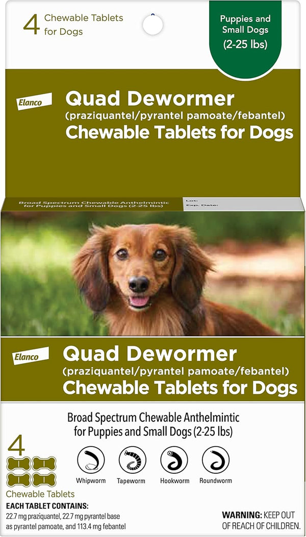 Elanco Chewable Quad Dewormer for Small Dogs, 2-25 Lbs, 4 Chewable Tablets, White1