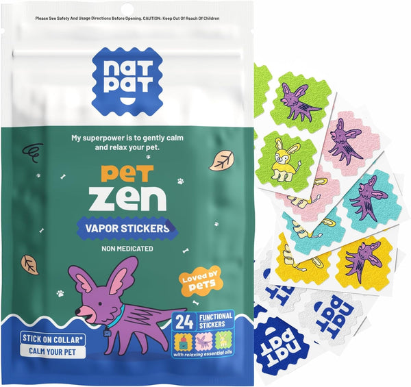 NATPAT Pet Zen Calming Patches for Dogs, Non-Medicated, 24 Count | Plant Based Essential Oils Stress Relief for Travel, Fireworks & Anxiety, Stick-On Design for Collars or Pet Lockets1