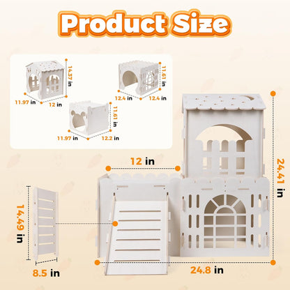 Large Rabbit House, Wooden Bunny Castle with 3 Houses Indoor, Rabbit Guinea Pig Cage Multistory Climbing Tower Sturdy Wooden Castle, Small Animal Hideaway Tunnel2