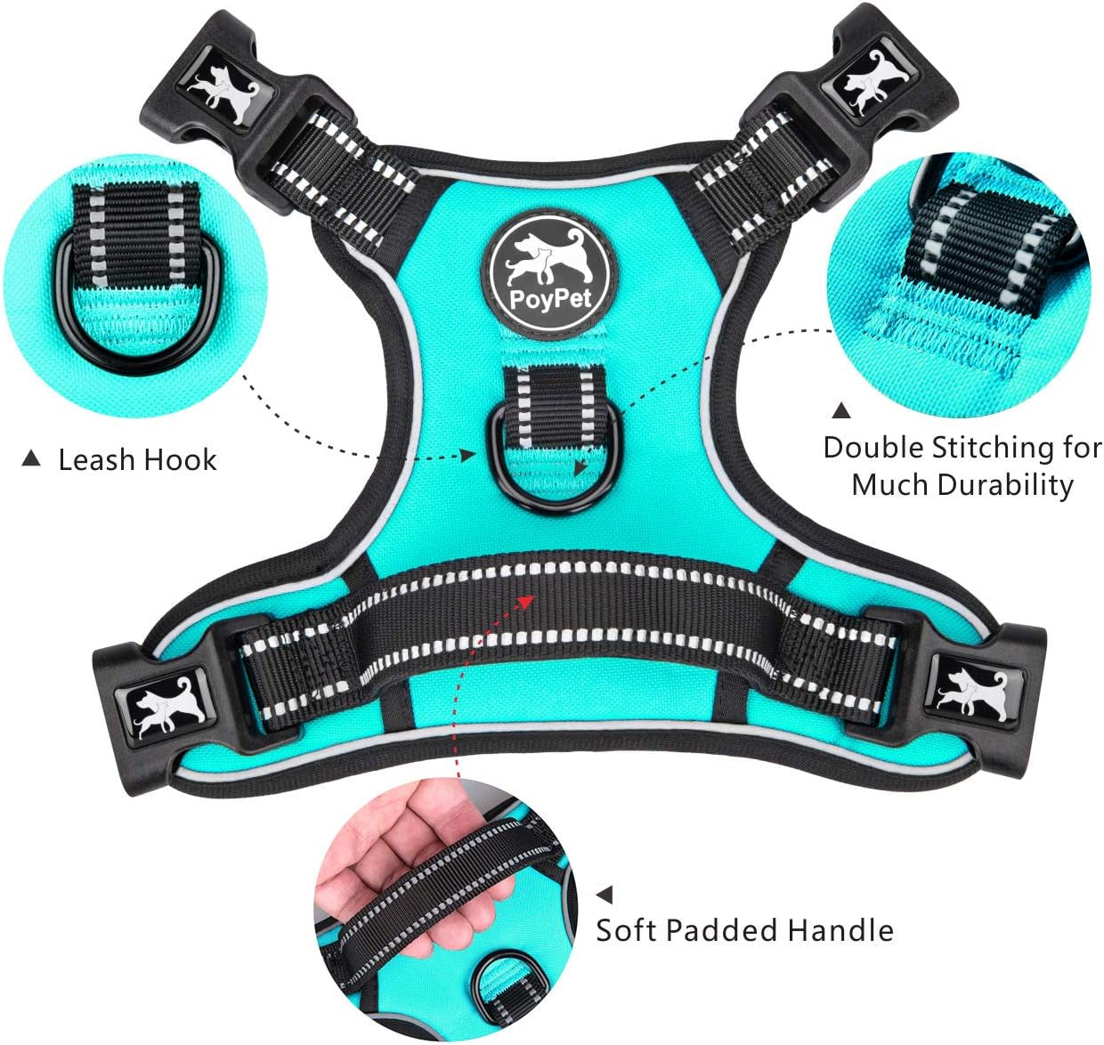 poypet-no-pull-dog-harness-with-4-snap-buckles-reflective-with-front-back-2-leash-hooks-and-an-easy-control-handle-no-need-go-over-dog-s-headmint-blue-m