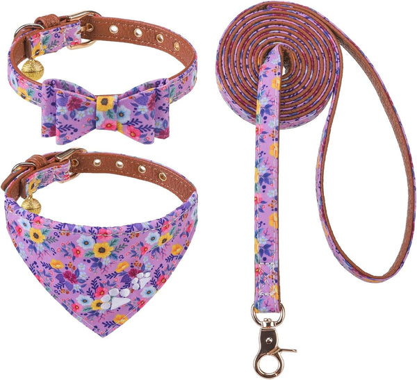 EXPAWLORER Puppy Collar and Leash Set - Embroidery Pawprints Plaid Dog Collar and Dog Leash Set, Bow Tie and Bandana Dog Collar with Bell, Cute Collar and Leash for Dogs Cats Outdoor Walking, Blue S14