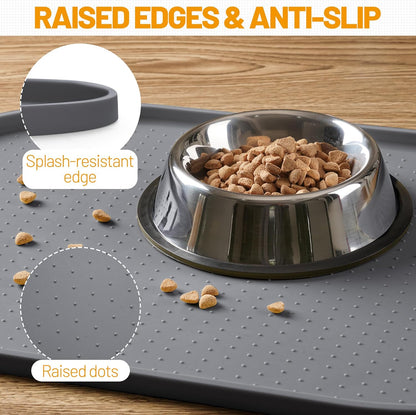 Hubulk 100% Waterproof Silicone Pet Feeding Mat with Raised Edge for Food and Water, Dog Bowl Mats, Cat Bowls Placemat with High Lip Protects Floor for Cats and Dogs (Gray, 19" L X 12" W)3