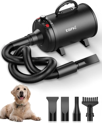 EGFKI Dog Dryer, 5.2HP/ 3800W Pet Grooming High Velocity Force Blower with 4 Nozzles, Adjustable Speed and Temperature Dog Hair Dryers for Grooming1