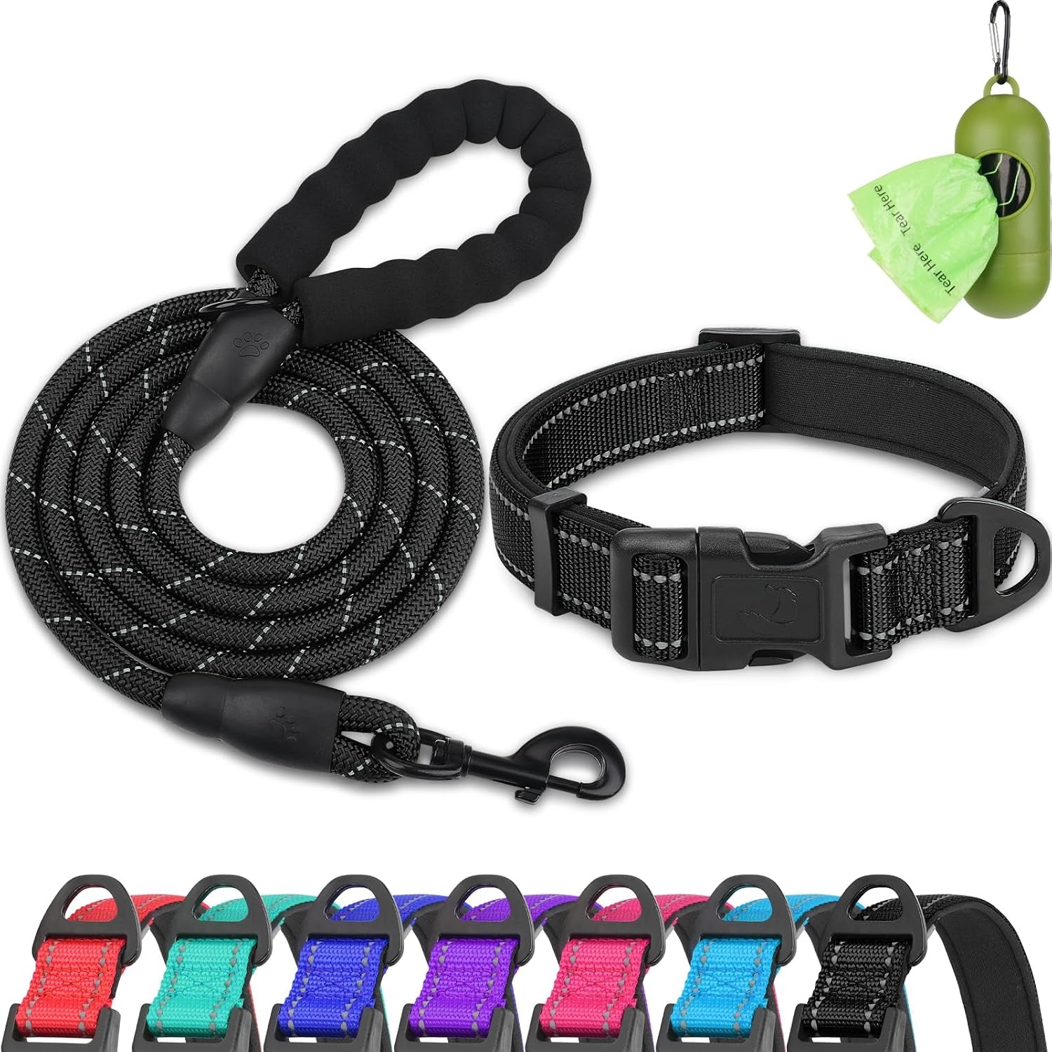 dynmeow-reflective-dog-collar-and-leash-set-for-large-dogs-teal-soft-neoprene-padded-6ft-climbing-rope-ideal-for-daily-outdoor-walking-or-indoor-wearing-night-visible-for-safety