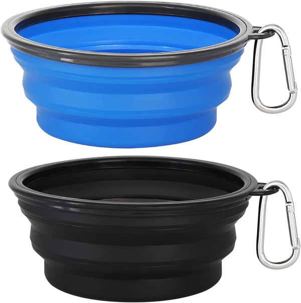 Kytely Large Collapsible Dog Bowls 2 Pack, 34Oz Foldable Dog Travel Bowl, Portable Pet Water Food Bowl with Clasp, Pet Cat Feeding Cup Dish for Traveling, Walking, Hiking (Black+Blue)1