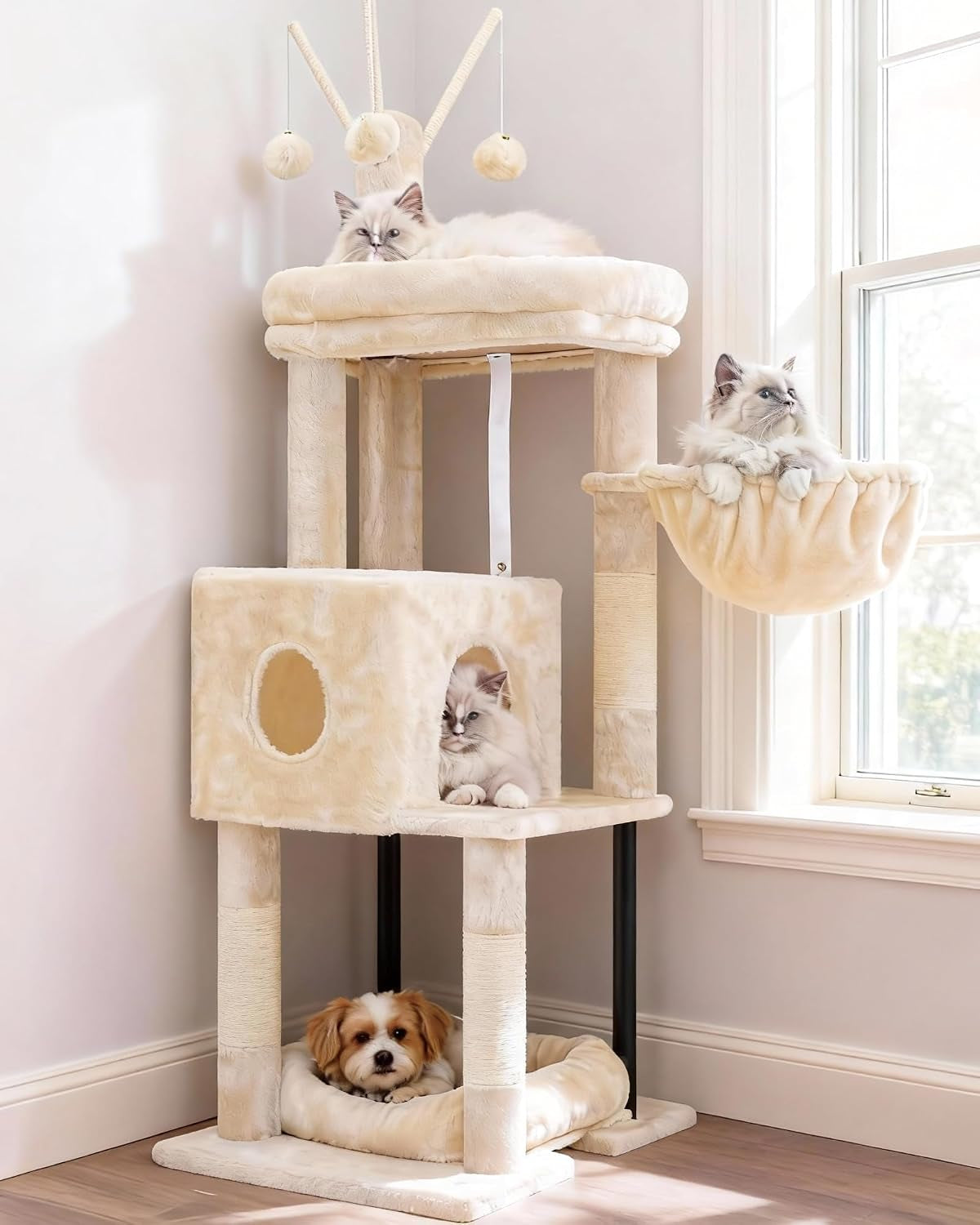 heybly-cat-tree-45-3-inch-cat-tower-for-indoor-cats-with-large-perch-all-in-one-cat-furniture-with-cozy-bed-hidden-space-cat-condo-comfy-hammock-scratching-posts-3-pompoms-light-gray-hct202sw
