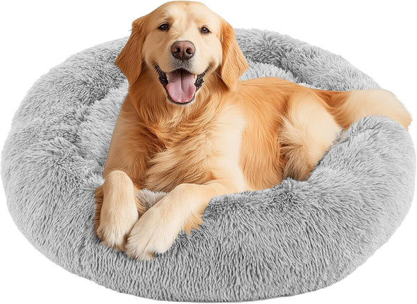 DUMOS 30.7 Inch Donut Dog Bed, Faux Fur Plush, Grey | Machine Washable Cuddler Warming Cozy Fluffy Faux Fur Plush round Pet Bed, Anti-Slip Bed for Indoor Dogs and Cats14