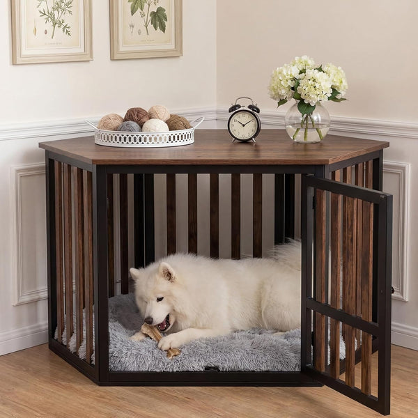 Lemonroad 42.5 Inch Corner Dog Crate Bed Pad Washable Dog Kennel Pad Mat Furniture for Large Dogs Thick Plush Crate Pet Cage Sleeping Bed Pet Corner Side Table (Only Mat)7