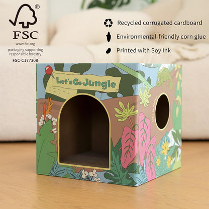 CHICHIPAWS Cardboard Cat Scratcher House with 2 Scratch Boards – Peekaboo Cave & Hideaway, Playhouse for Indoor Pets, Corrugated Scratching Cube for Kittens, Rest Box Bed with Catnip, Durable Fun2