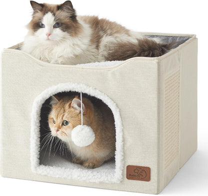 Bedsure Cat House Bed for Indoor Cats with Fluffy Ball and Scratch Pad,Grey | 16.5X16.5X13 In,Large Cat Cave for Multiple Pets,Foldable Cat Hideway Cube for Sleeping Kitten20