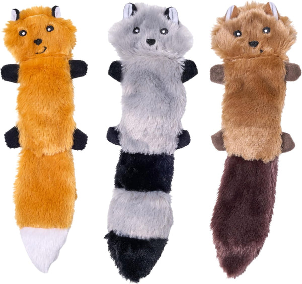 Zippypaws Skinny Peltz - No Stuffing Dog Toy Pack to Keep Them Busy, for Medium and Large Dogs, Squeaky Pet Toys, Unstuffed Chew Toys, Soft Plush Variety Pack, Fox, Raccoon, and Squirrel - 18"10
