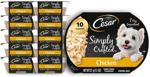 Cesar Simply Crafted Wet Dog Food Toppers, Chicken, 1.3 Oz, 10 Count | Real Chicken #1 Ingredient, No By-Products or Artificial Flavors, Slow-Cooked, Easy to Digest, Single-Serve Tubs1