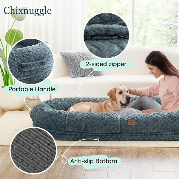 Chixnuggle Orthopedic Human Dog Bed,With Faux Fur Washable Cover,Blanket | Bluish Grey,72*40*10,Giant Dog Bed for Adult or Extra Large Dogs,Egg Crate Foam,Non-Slip Bottom6