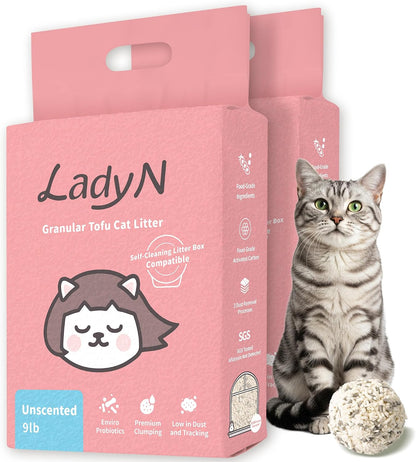 Lady N Tofu Cat Litter, Low Dust Compatible with Auto-Box Unscented 9Lb | Mini-Pellet Shape, Strong Clumping, Ultra Absorbent, Activated Charcoal Odor Control11