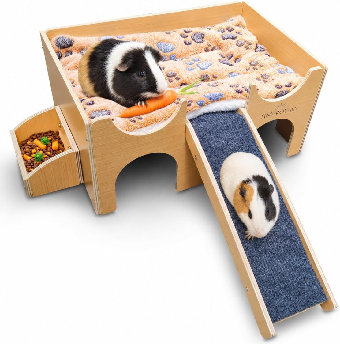 guinea-pig-wooden-hideout-with-built-in-feeder-screw-assembled-natural-wood-castle-with-absorbent-fleece-mat-ramp-accessories-cozy-safe-hideaway-for-small-pets-to-rest-play-explore