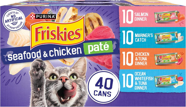 Purina Friskies Pate Wet Cat Food Variety Pack Seafood and Chicken Pate Favorites 40Ct VP - (Pack of 40) 5.5 Oz. Cans1