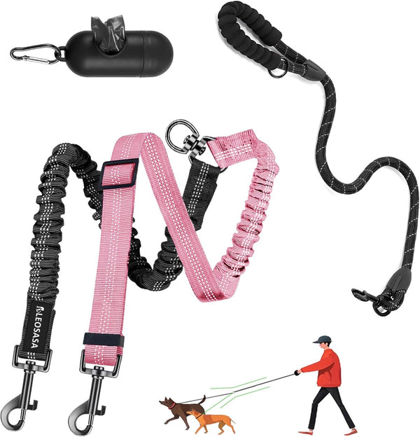 Double Dog Leash - 360°Swivel Tangle Free Splitter Attachment, 2 Dogs Multi-Functional Leashes, Dual Rope for Outdoor Walk Train Small Medium Large Two Pet, Pink14