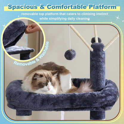 Hey-Brother Cat Tree Tower with 3 Condos, Step Climbing Pathway MPJ081G | 74.8 Inches Scratching Post with 3 House, Hammock, Large Basket, Cozy Bed, Sisal Board, Toys for Big Indoor Cats, Smoky Gray5